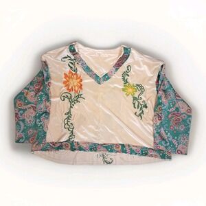 POL Shirt Women MED Tan Velvet Paisley Embroidered Floral Art Boho Cottage Indie